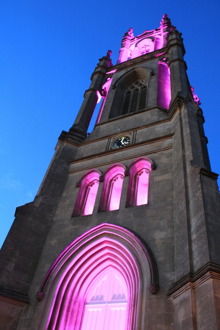 St Stephen's Church Window Lighting in Magenta